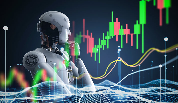 Robot with chart behind, to symbolize artificial intelligence in valuation